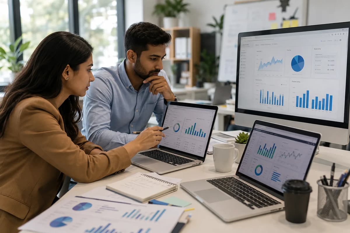 Digital marketing and data analytics professionals reviewing performance dashboards in a modern office