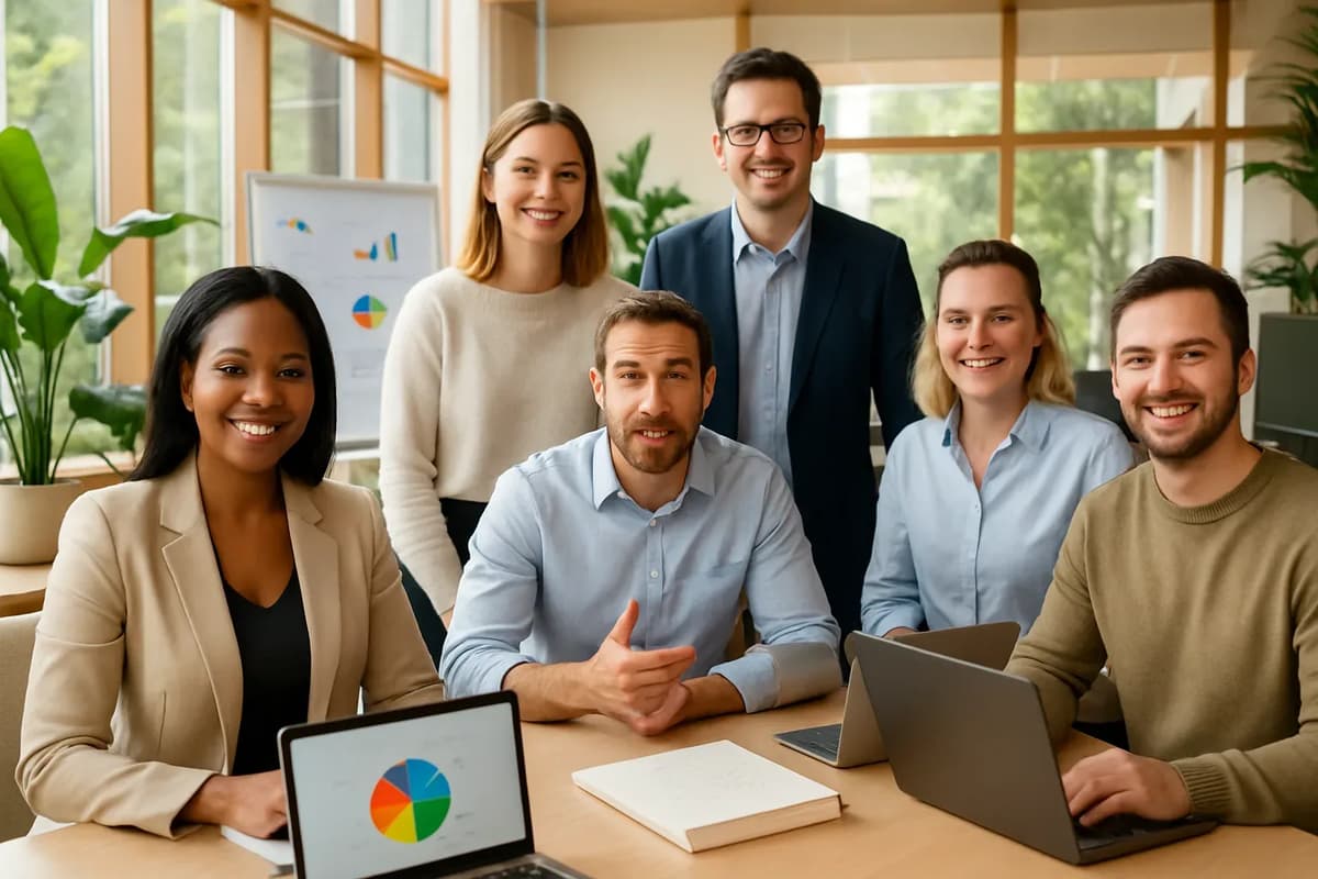 A diverse team collaborates on a project in a modern office setting.