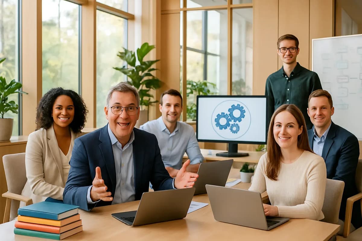 A diverse team collaborates on a software project in an office setting.