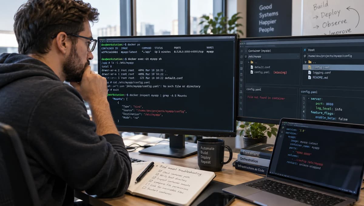 DevOps engineer troubleshooting a Docker bind mount that hides a container configuration file at runtime