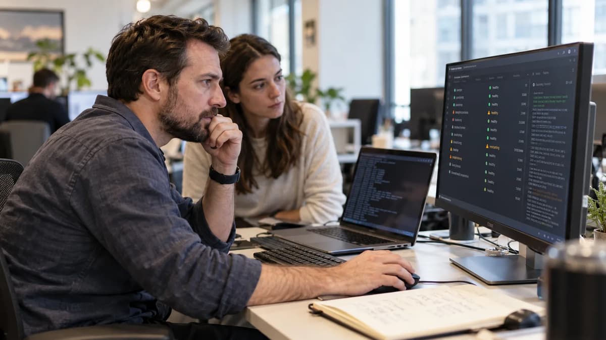 DevOps engineer reviewing Docker Compose health checks and container restart logs at a workstation.