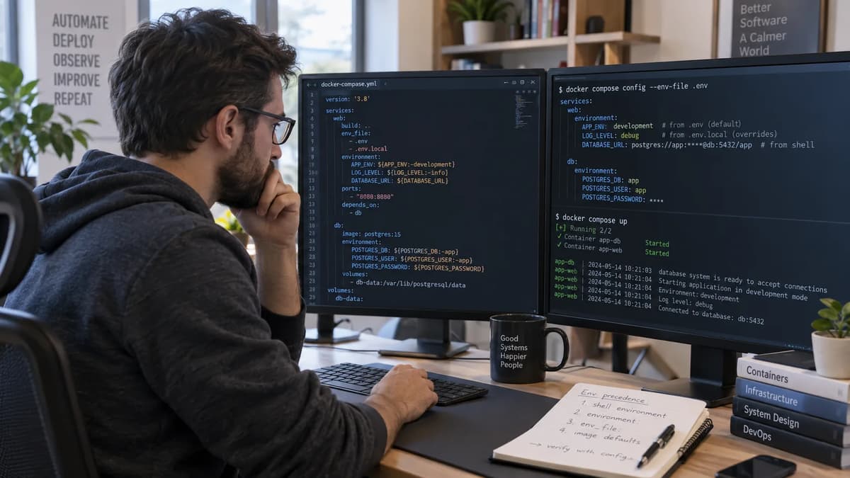 DevOps engineer reviewing Docker Compose environment variables and container output at a workstation.