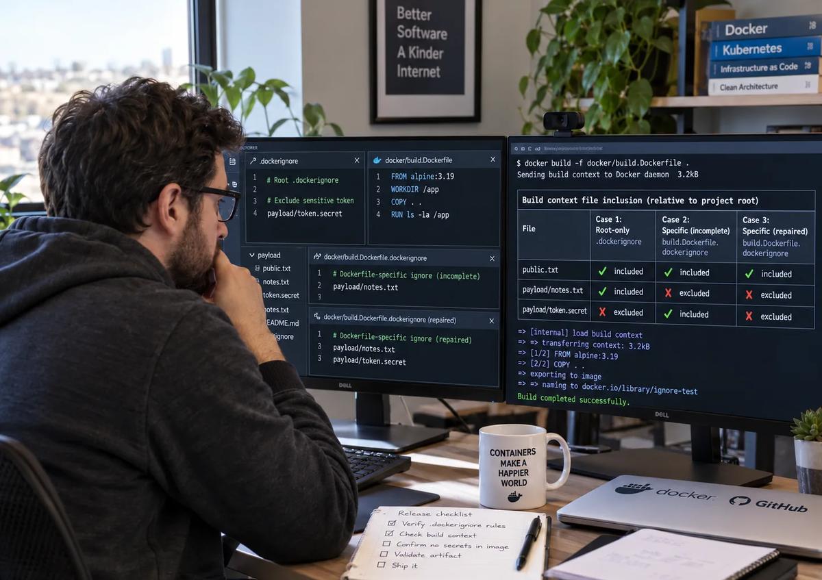 DevOps engineer comparing root and Dockerfile-specific .dockerignore rules and validating included and excluded files across controlled Docker builds.
