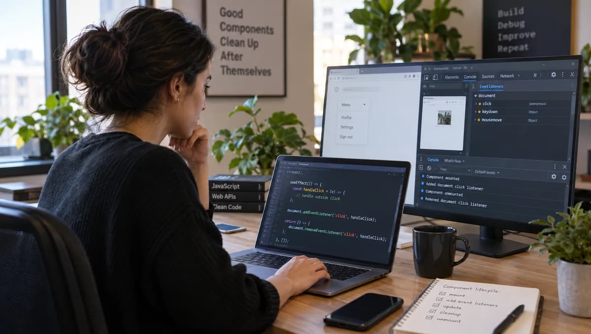 Frontend developer debugging DOM event listener cleanup and component lifecycle behavior in JavaScript