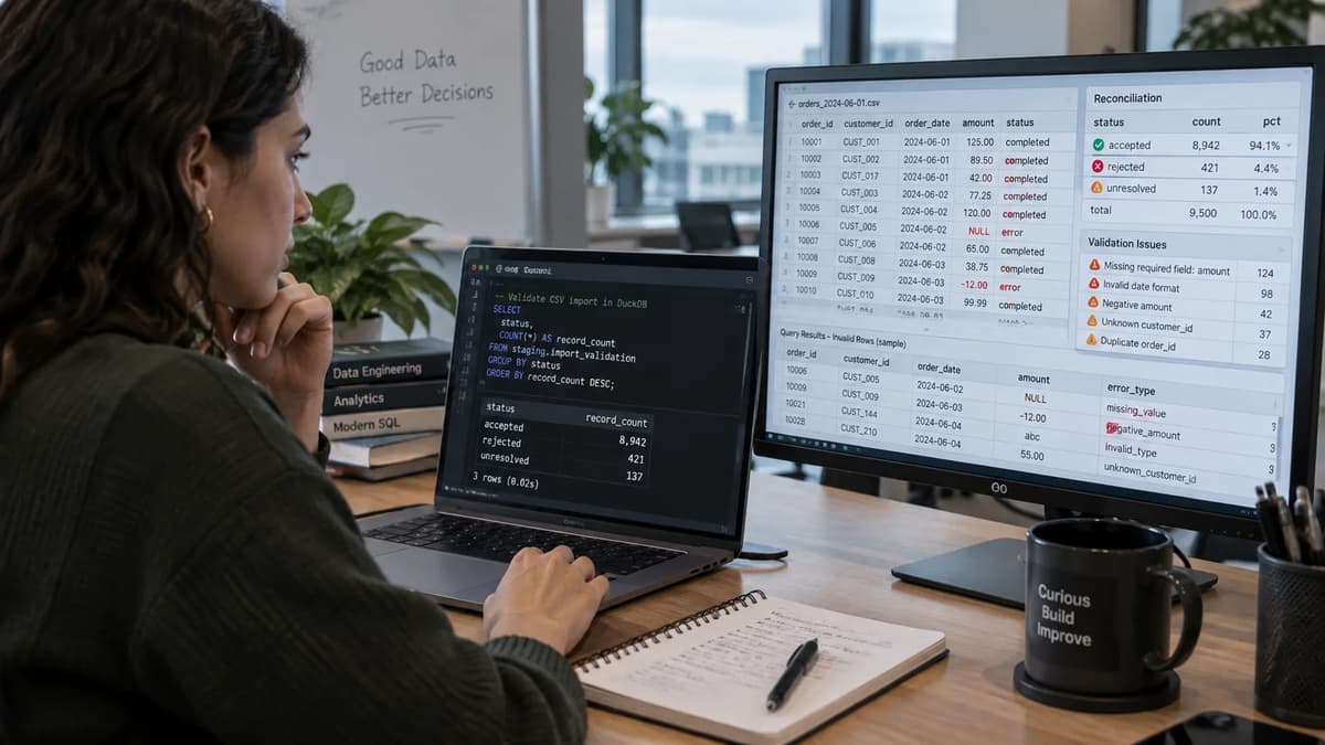 Data analyst validating rejected and accepted CSV records in DuckDB