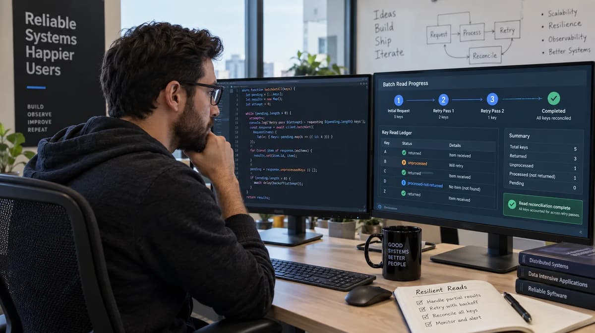 Cloud developer reviewing DynamoDB BatchGetItem retries and per-key read reconciliation on multiple monitors