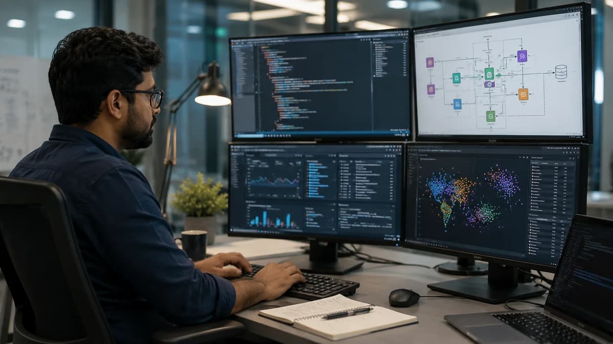 Data engineer working at a multi-monitor workstation displaying code, a vector search architecture diagram, and embedding analytics.