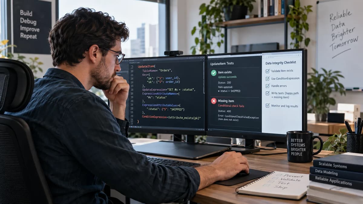 Cloud developer reviewing DynamoDB UpdateItem condition expressions and test results on a computer.