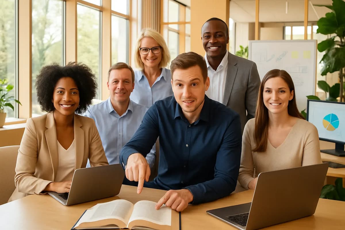 A group of educators collaborates on strategies for online training methods.