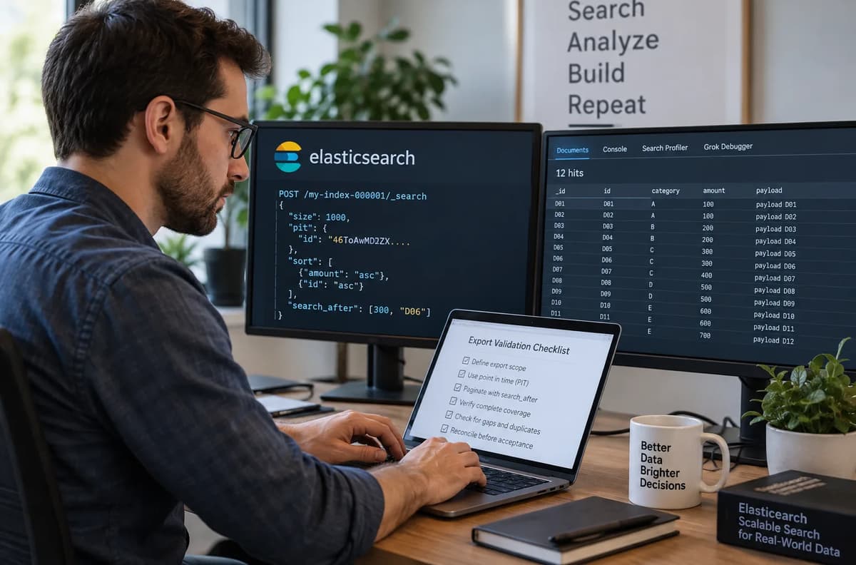 Backend engineer validating an Elasticsearch PIT export with search_after pagination on multiple monitors