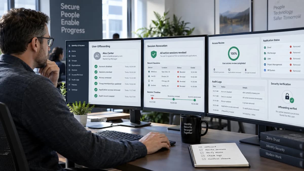 Identity security administrator verifying Entra offboarding, session revocation, application access, and audit evidence on multiple monitors