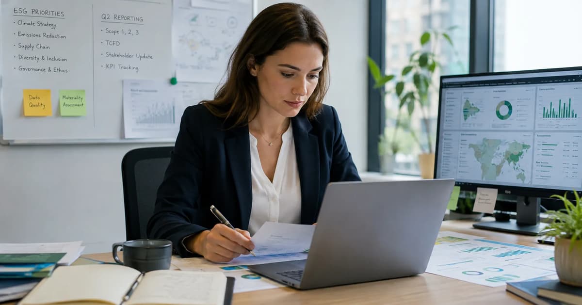 ESG analyst reviewing sustainability reporting data and emissions dashboards in a modern office