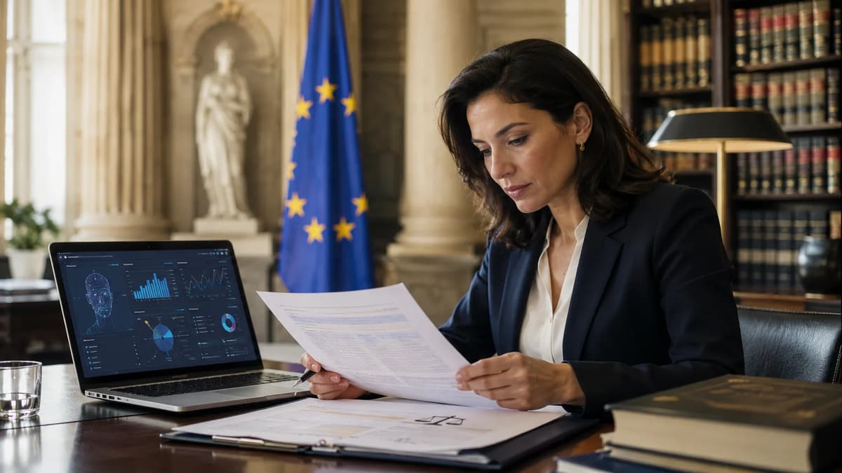 Legal technologist reviewing EU AI Act compliance documents for courtroom AI systems