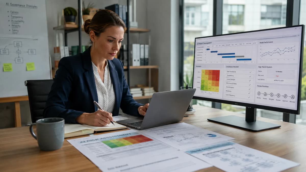 Project manager reviewing an AI risk register and EU AI Act compliance dashboard in a modern office