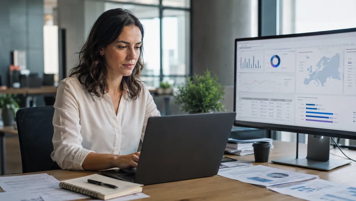 HR data governance professional analyzing EU pay transparency and compensation dashboards in a modern office