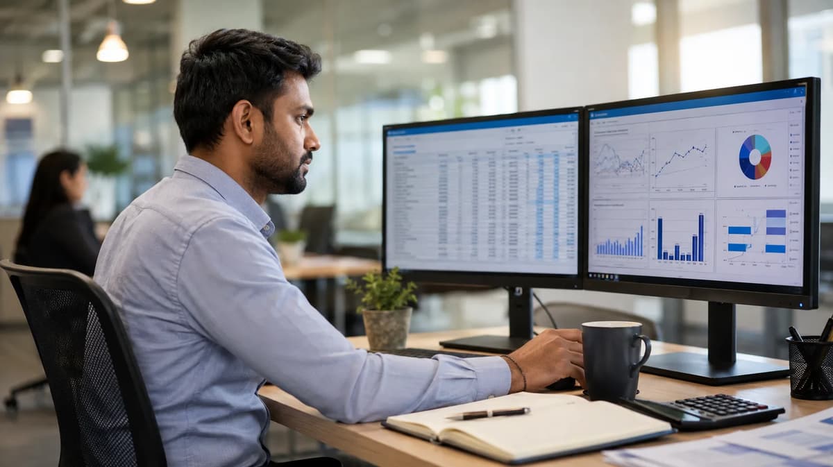 Financial analyst reviewing financial forecasts and performance dashboards on dual monitors in a modern office