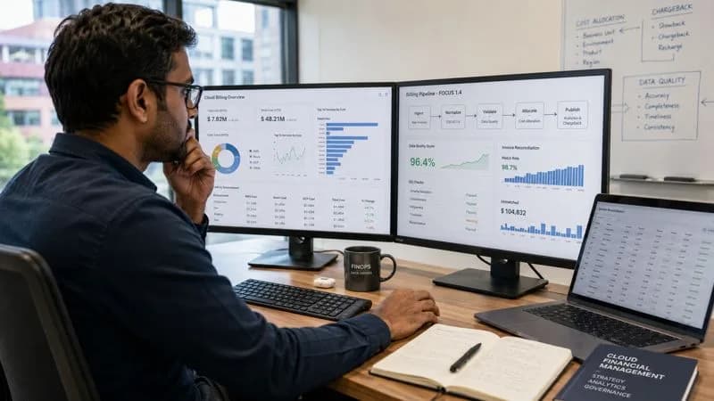 FinOps engineer reviewing FOCUS 1.4 multi-cloud billing dashboards for invoice reconciliation and chargeback