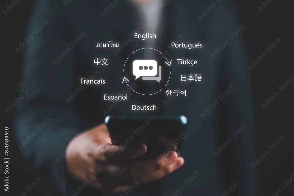 Person using a smartphone with multilingual options while learning English through a language app.