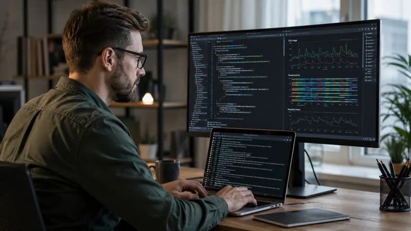 Backend developer testing free-threaded Python performance with code, CPU usage, and thread activity across multiple screens