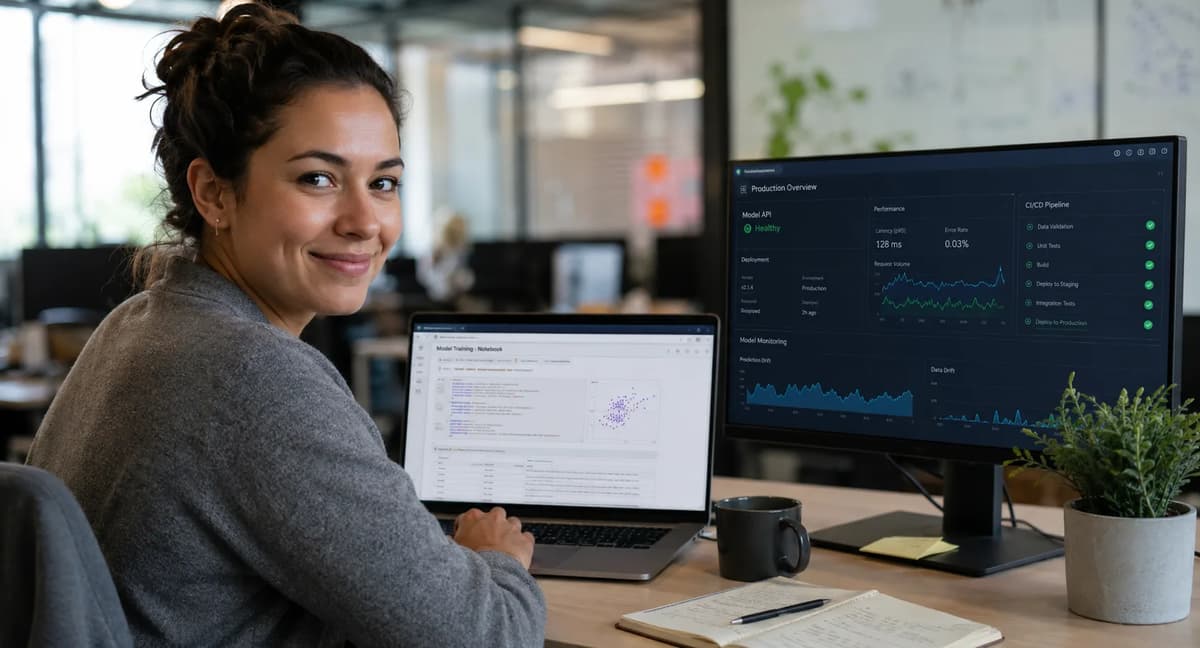 Data scientist reviewing a production machine learning workflow with model code, deployment status, and monitoring metrics
