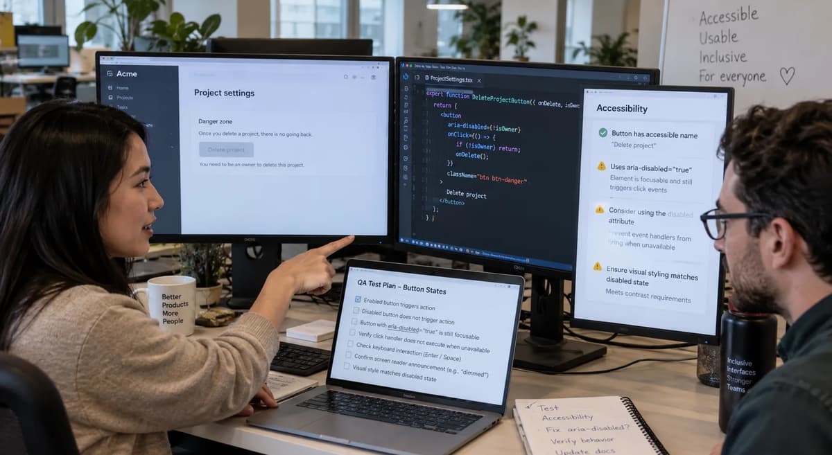 Frontend engineer and accessibility QA reviewer testing aria-disabled button behavior in a professional office.