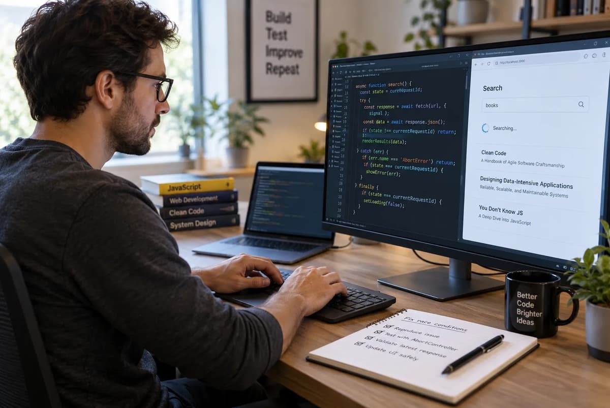 Frontend developer debugging an out-of-order Fetch response race condition in a JavaScript search interface