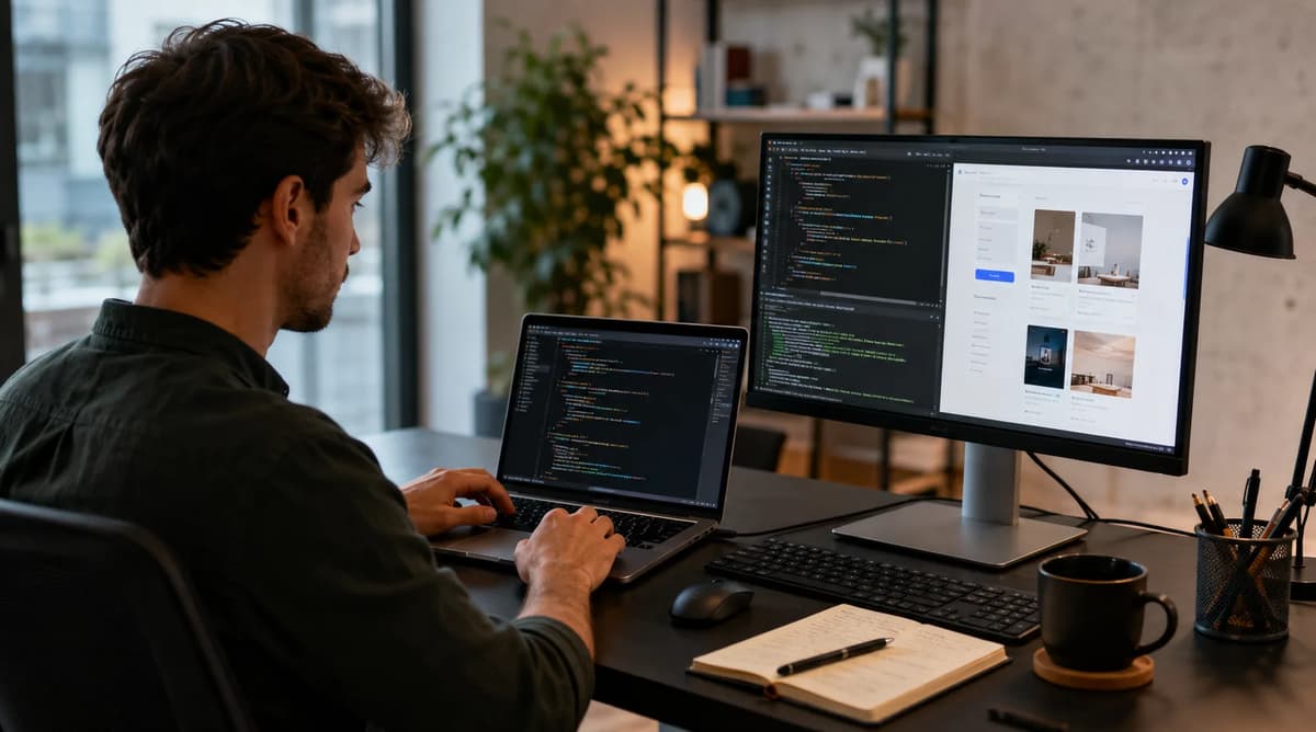 Frontend developer coding at a dual-monitor workstation while testing modern JavaScript build tools