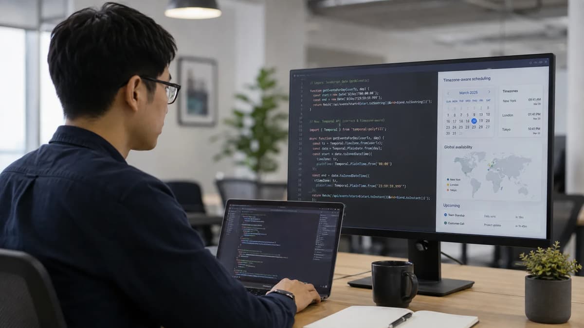 Frontend developer migrating JavaScript Date code to the Temporal API with timezone-aware scheduling displayed on a monitor