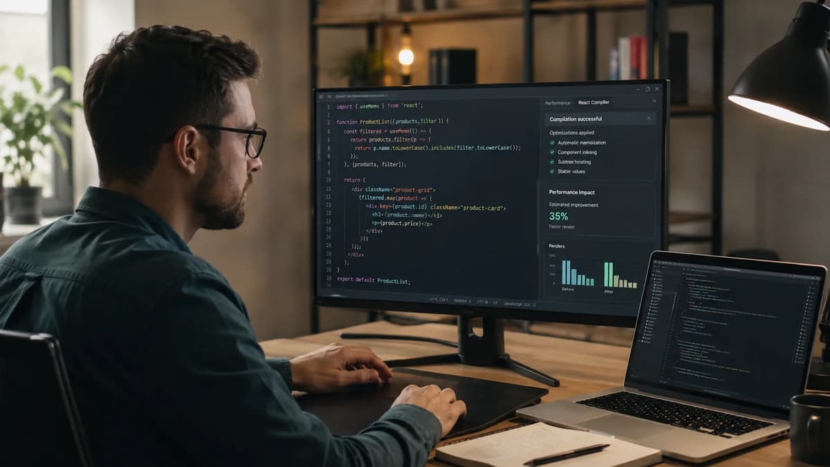 Text: Frontend developer reviewing React Compiler automatic memoization and performance data on a large monitor