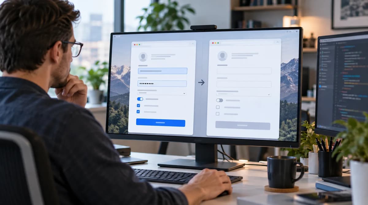 Frontend developer testing native form reset behavior on a laptop in a modern office