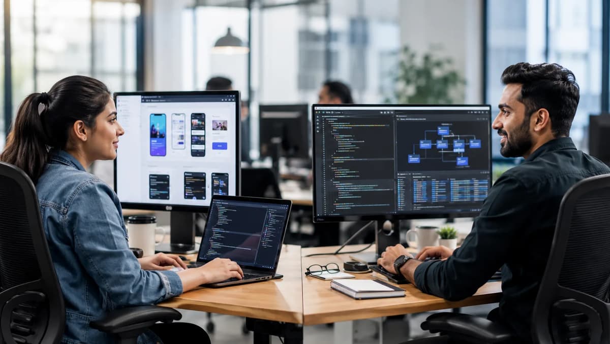 Frontend developer and backend developer collaborating at their workstations in a modern office