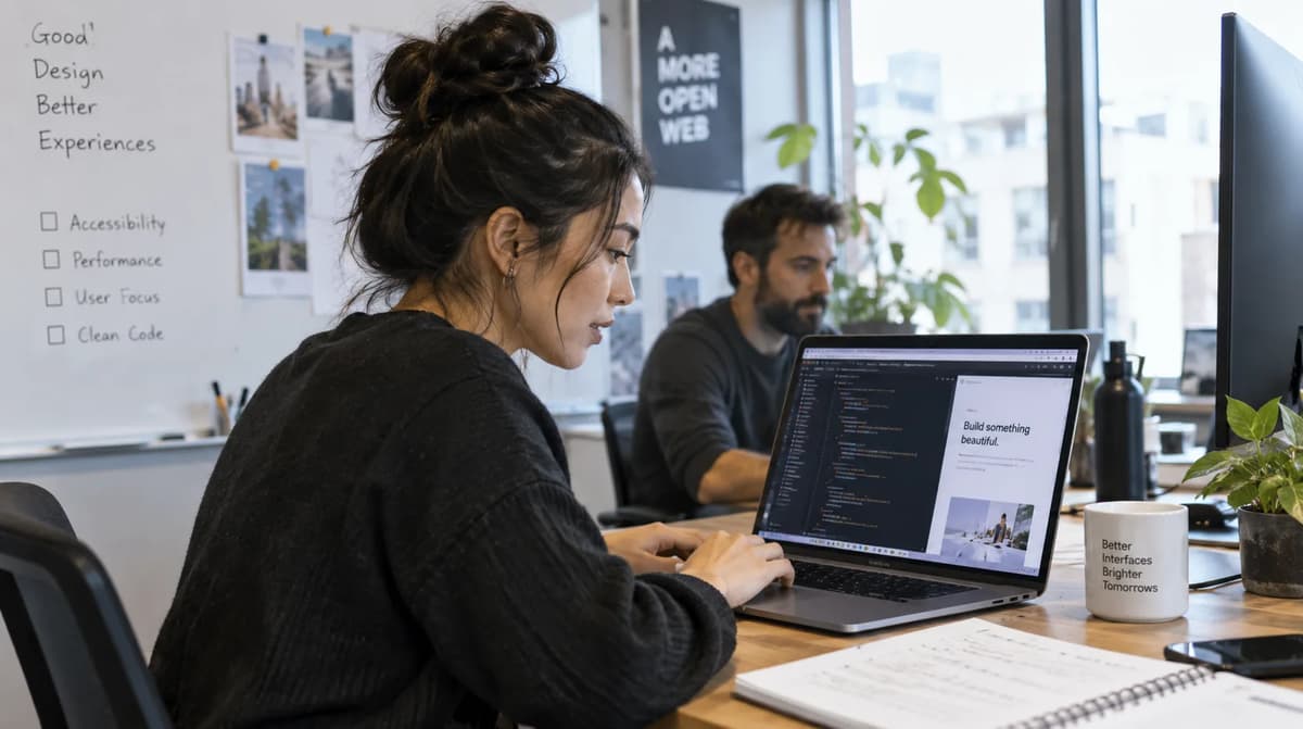 Two frontend engineers collaborating at a laptop while reviewing CSS code in a modern office.