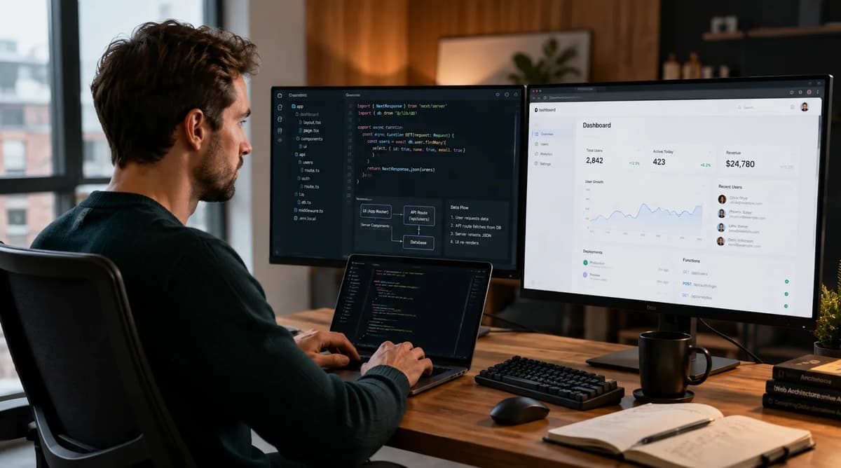 Full-stack developer working with Next.js code and a web application dashboard on dual monitors