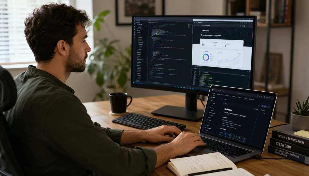 Full-stack developer building and documenting a GitHub portfolio project in a modern workspace