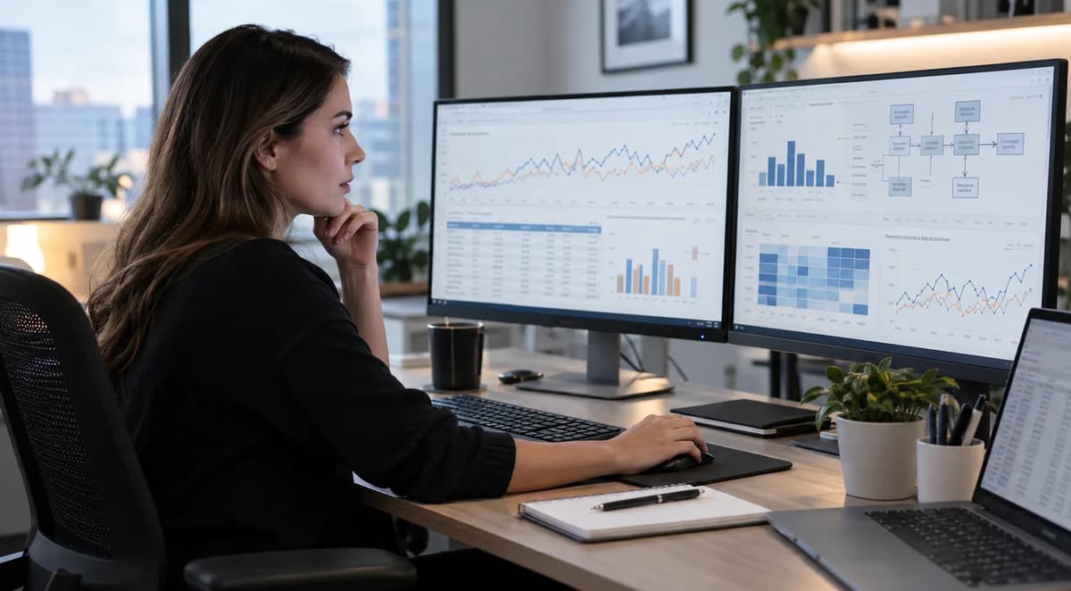 Data analyst reviewing GA4 BigQuery reporting dashboards and investigating changing analytics metrics