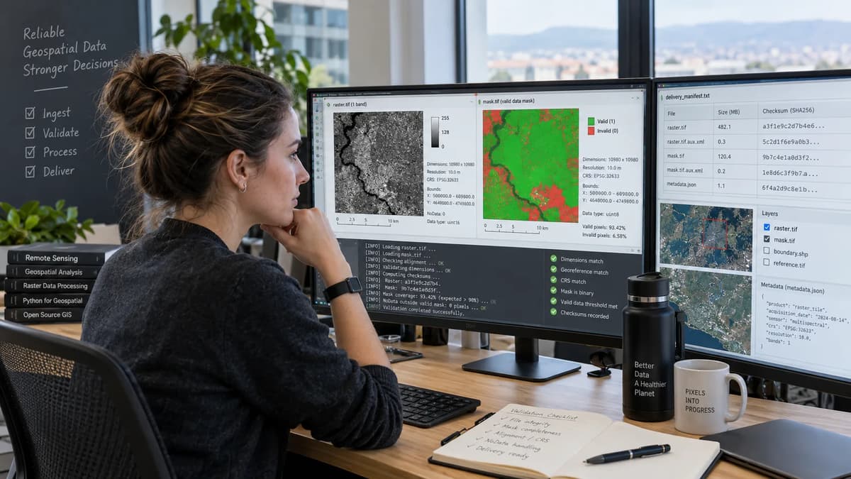 Geospatial data engineer validating a GeoTIFF sidecar mask and valid-pixel population
