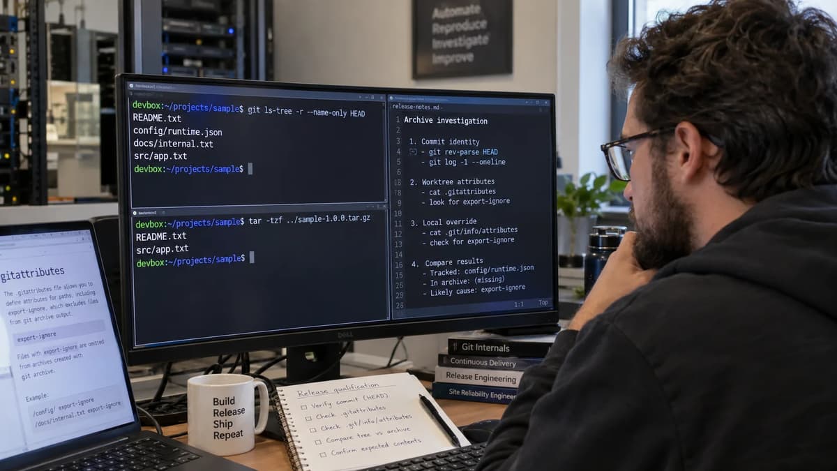 Release engineer comparing tracked Git files with tar archive contents to diagnose a configuration file omitted by export-ignore.