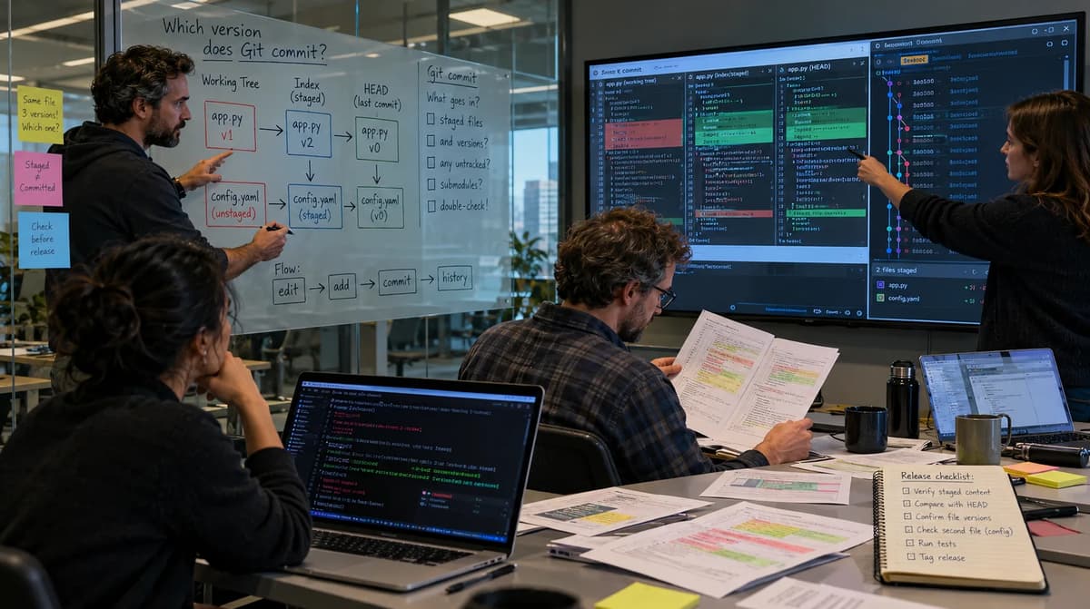 Three release engineers compare staged, working-tree, and committed Git file versions during a source review.