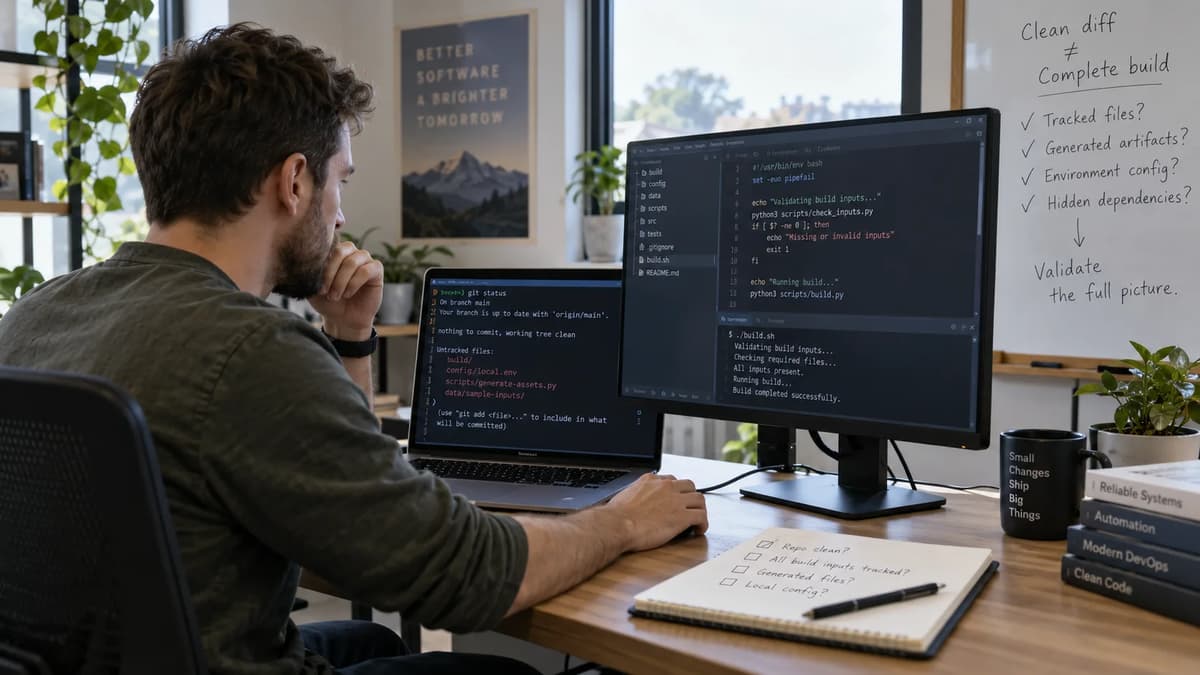 DevOps engineer reviewing Git status and checking staged, untracked, and ignored files before a software release.