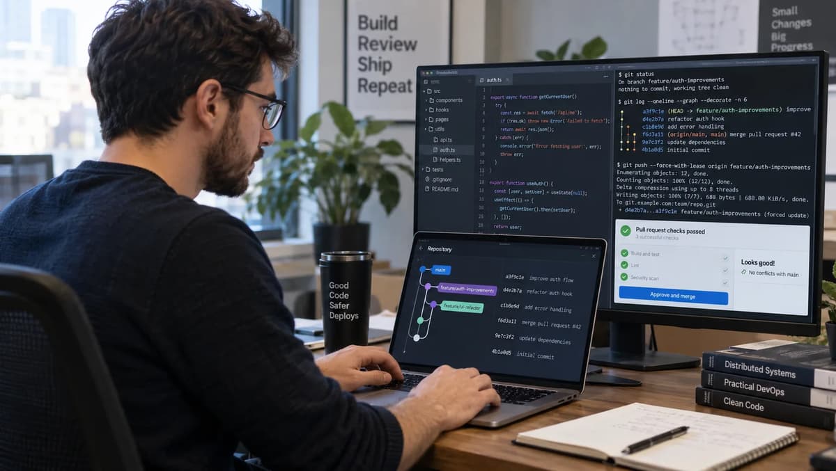 Software engineer reviewing Git branch history and a force-with-lease push at a workstation