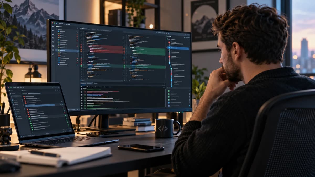 Software engineer recovering a conflicted Git stash on a laptop in a modern office