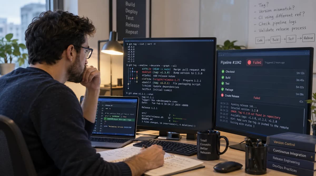 Build engineer reviewing Git tags and a failed CI release pipeline on multiple monitors