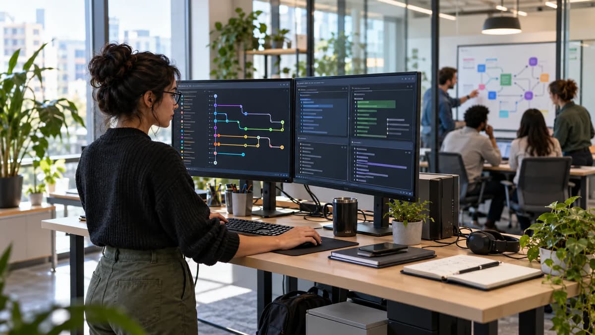 DevOps engineers comparing shared Git configuration and per-worktree overrides on desktop monitors.