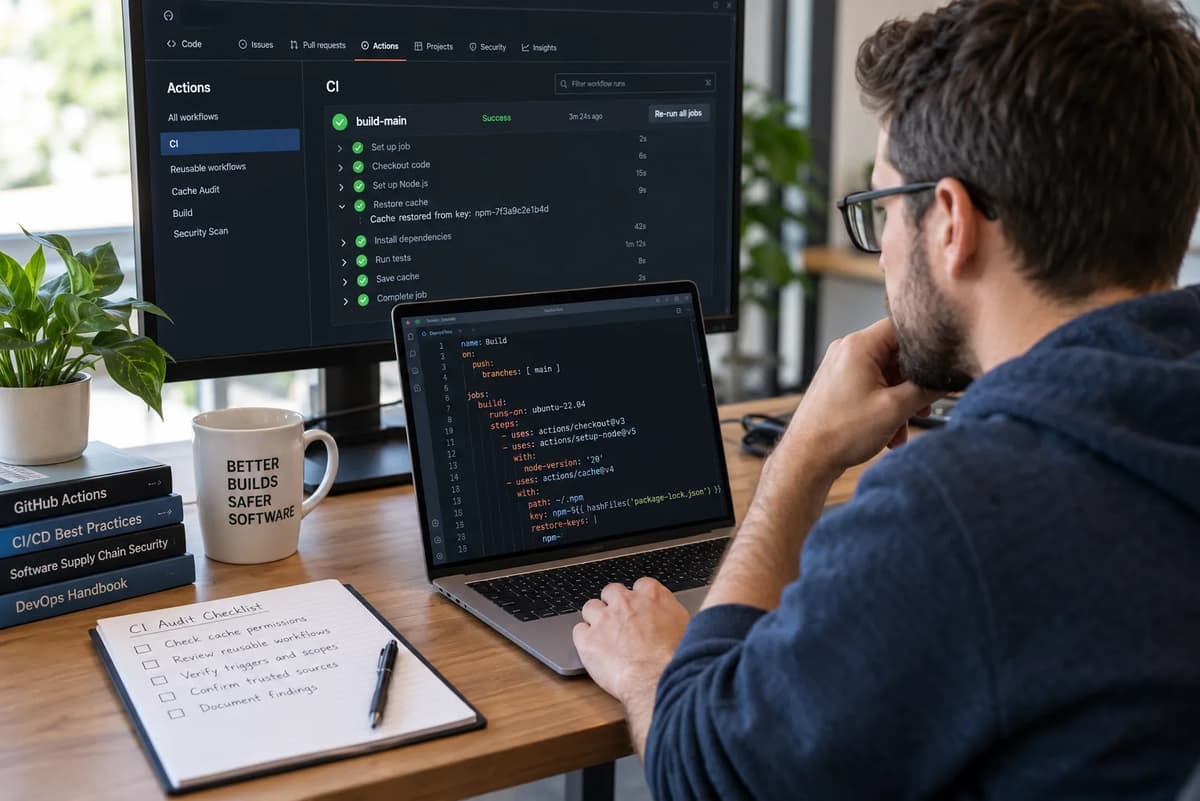 Software engineer auditing GitHub Actions cache permissions and reusable workflow settings on dual monitors
