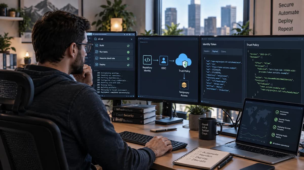DevOps engineer auditing GitHub Actions OIDC identity claims and AWS trust policies at a multi-monitor workstation