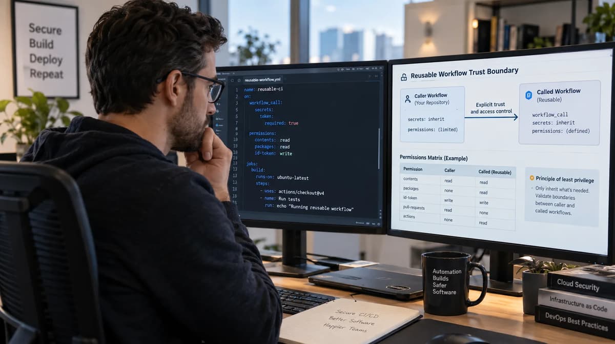 DevOps engineer validating GitHub Actions reusable workflow secrets and permission boundaries
