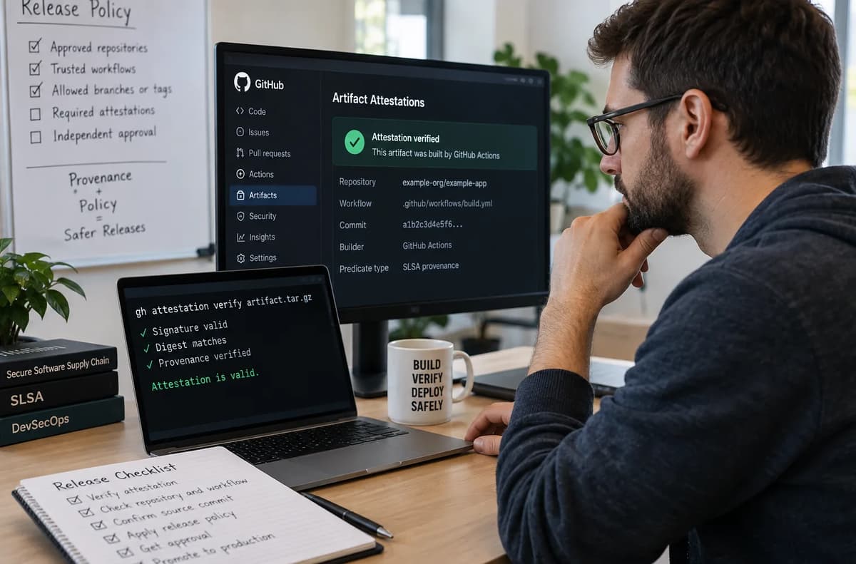 Software engineer verifying GitHub artifact attestations against a consumer release policy