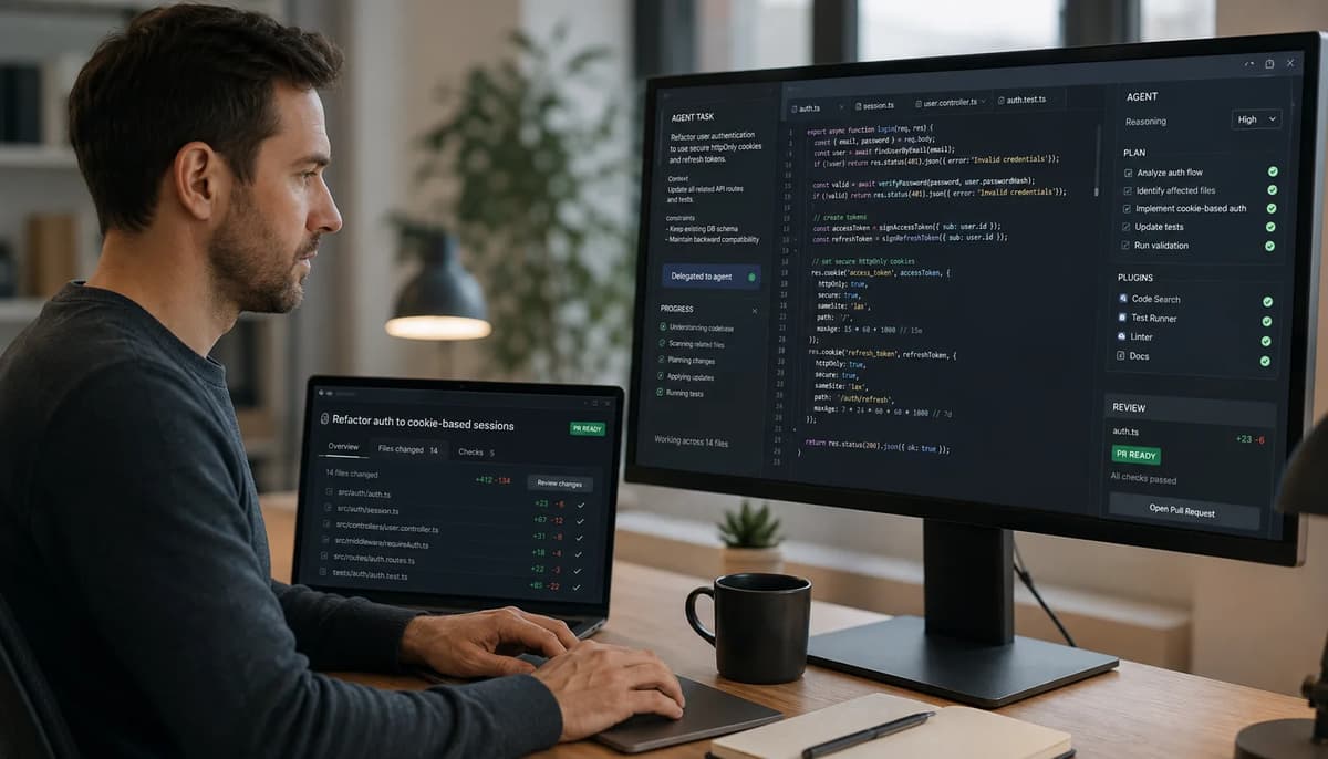 Software engineer using GitHub Copilot agent mode to delegate and review a multi-file coding task