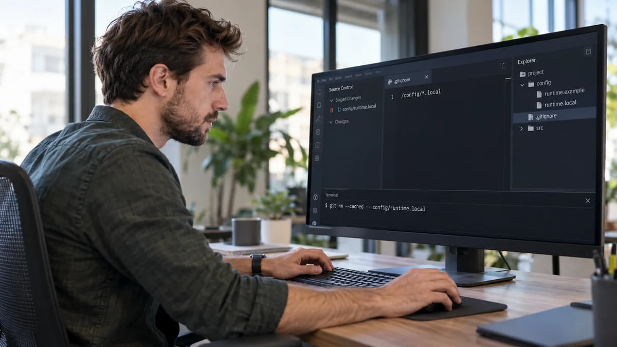 Software developer reviewing Git staging changes and a .gitignore file on a computer screen.