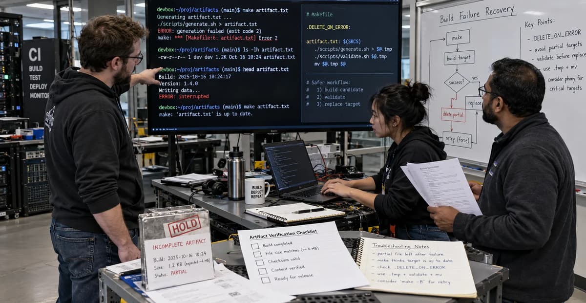 Build engineers reviewing a partial GNU Make target after a failed recipe